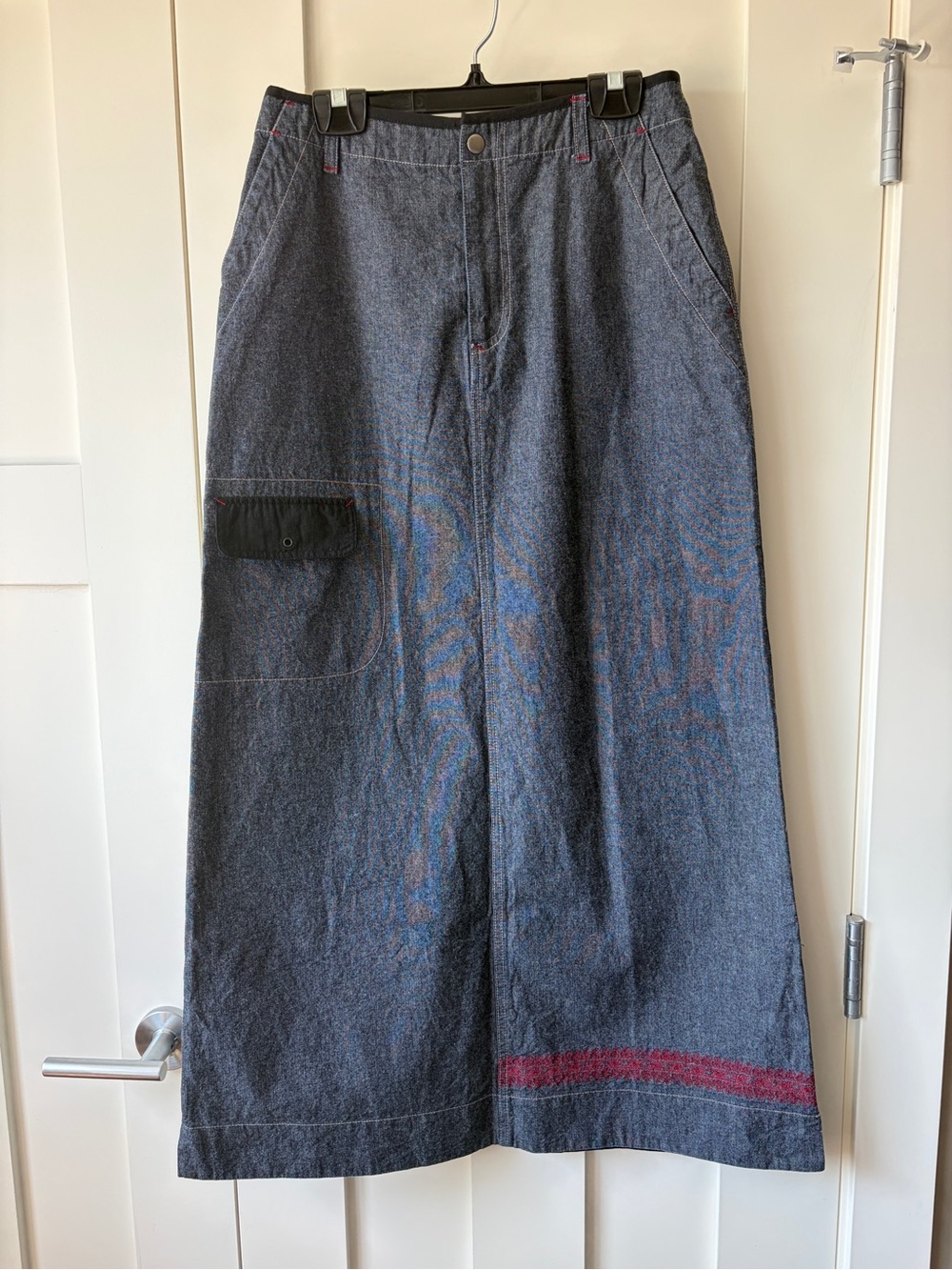 Tristan Dark Denim A-Line Skirt with Red Accent
